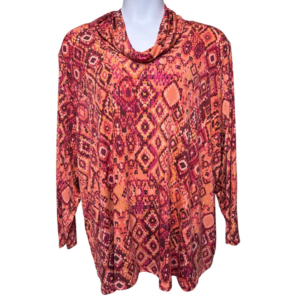 SUSAN GRAVER Womens Pink Geometric Cowl Neck Tunic Top 4X Stretch Boho Lagenlook